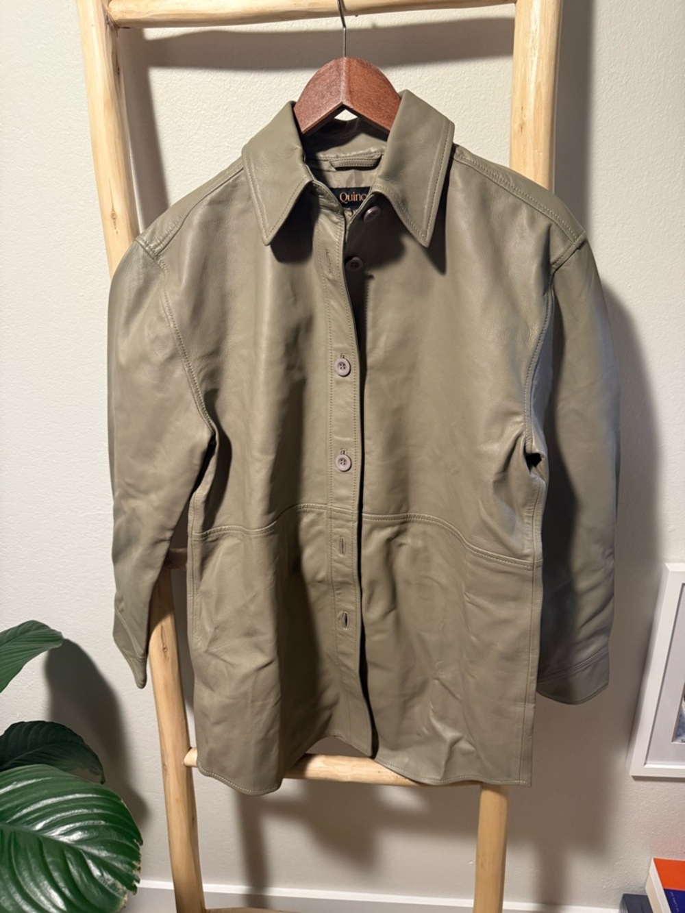 Quince Olive-Tone Leather Button-Up Jacket - Picture 2 of 6